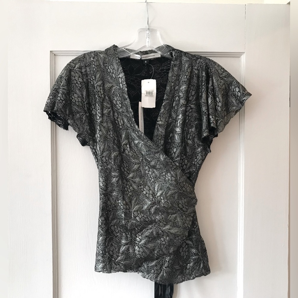 Diane Von Furstenberg | Gold and Black Lace Wrap Top 8